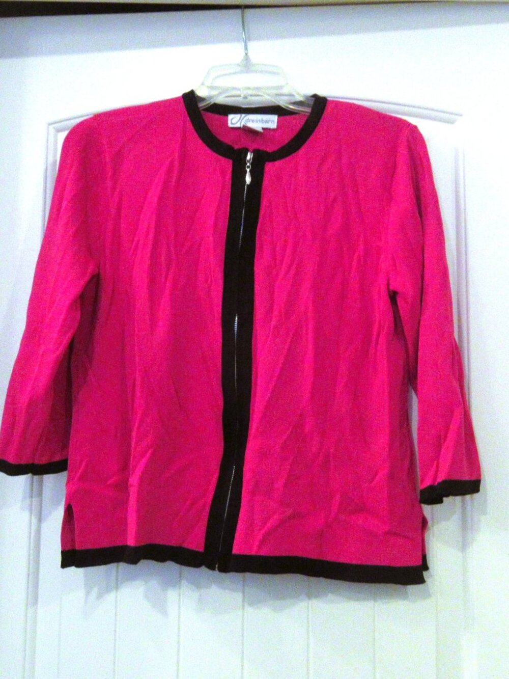 Dress Barn fuchsia pink cardigan, black trim, zips, sz. L, 38" chest